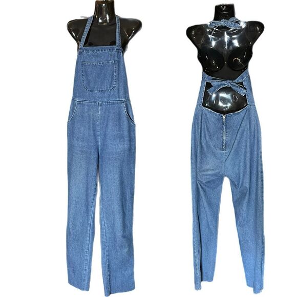 ASOS Jean Dungarees Jumpsuit Halter Neck Tie & Tie Open Back Sz 6 - Picture 1 of 7